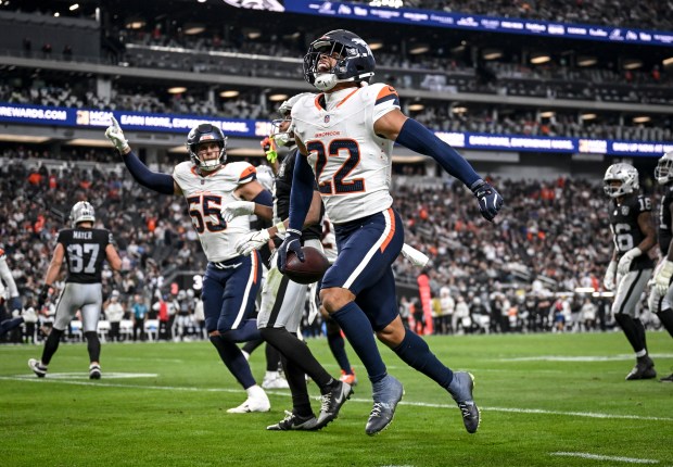 Brandon Jones (22) of the Denver Broncos celebrates intercepting a pass by Gardner Minshew (15) of the Las Vegas Raiders during the third quarter of the Broncos' 29-19 win at Allegiant Stadium in Las Vegas, Nevada on Sunday, Nov. 24, 2024. (Photo by AAron Ontiveroz/The Denver Post)