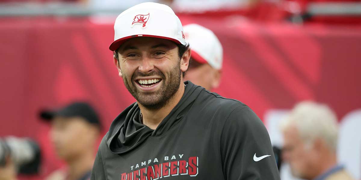 Tampa Bay Buccaneers quarterback Baker Mayfield (6) smiles prior to the game against the Buffalo Bills at Raymond James Stadium.