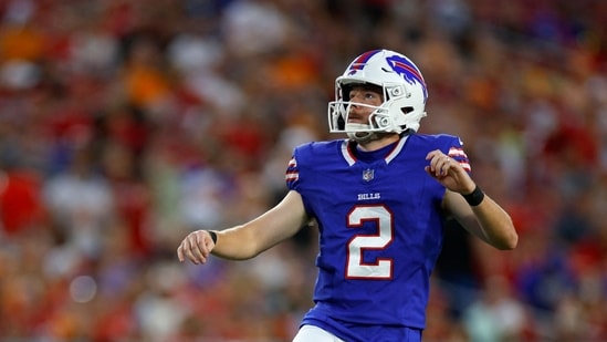 Tyler Bass #2 of the Buffalo Bills kicks an extra point in the first half during the NFL Preseason 2025 game between Buffalo Bills and Tampa Bay Buccaneers (Getty Images via AFP)