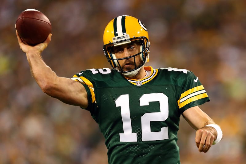 Aaron Rodgers throwing a pass for the Green Bay Packers in 2015. Photograph: Maddie Meyer/Getty Images