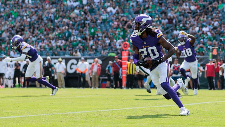 Jay Ward intercepts a pass against the Eagles at Lincoln Financial Field.