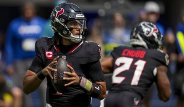 Texans quarterback C.J. Stroud looks to throw against the Rams during the 2025 NFL season.