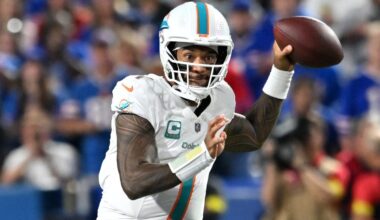 Dolphins quarterback Tua Tagovailoa looks to throw against the Bills during the 2025 NFL season.