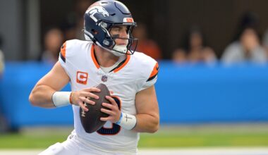 Broncos quarterback Bo Nix looks to throw against the Chargers during the 2025 season.