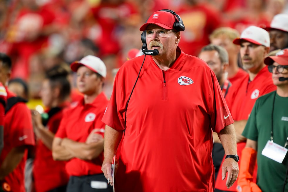 Kansas City Chiefs head coach Andy Reid looks to the scoreboard during the first half of an...