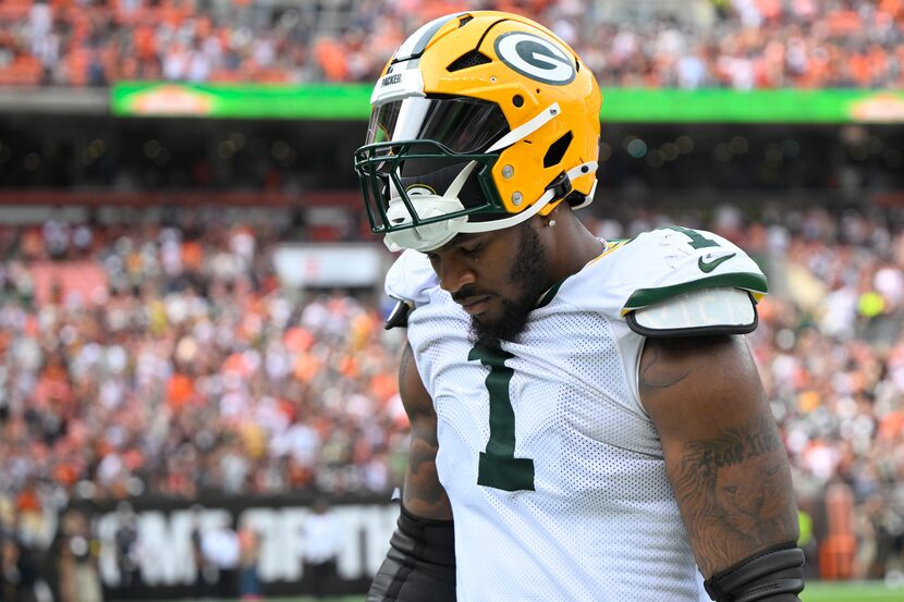 Green Bay Packers linebacker Micah Parsons (1) walks off the field after an NFL football...
