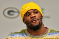 Green Bay Packers Micah Parsons speaks at his introductory news conference Friday, Aug. 29,...