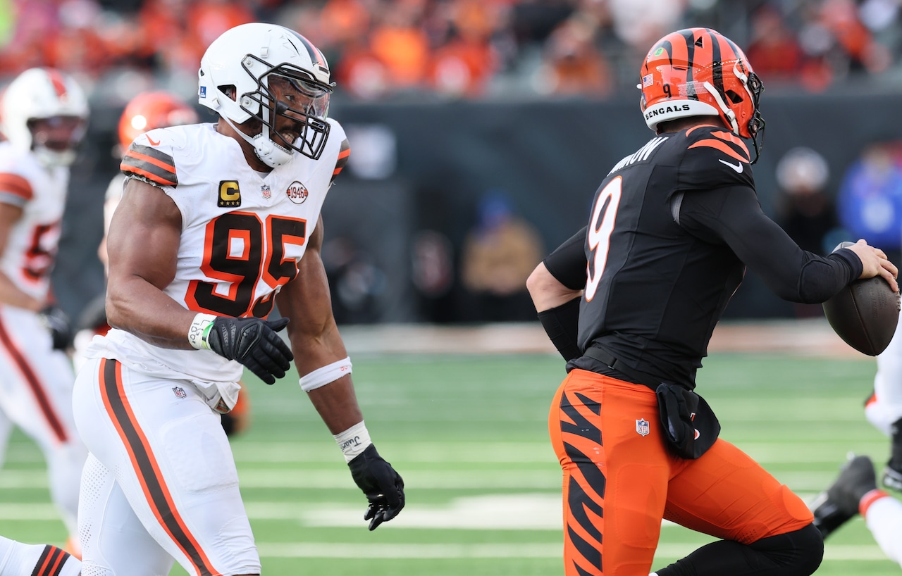 Zac Taylor on Browns defense: "One of the best to do it" in Myles Garrett