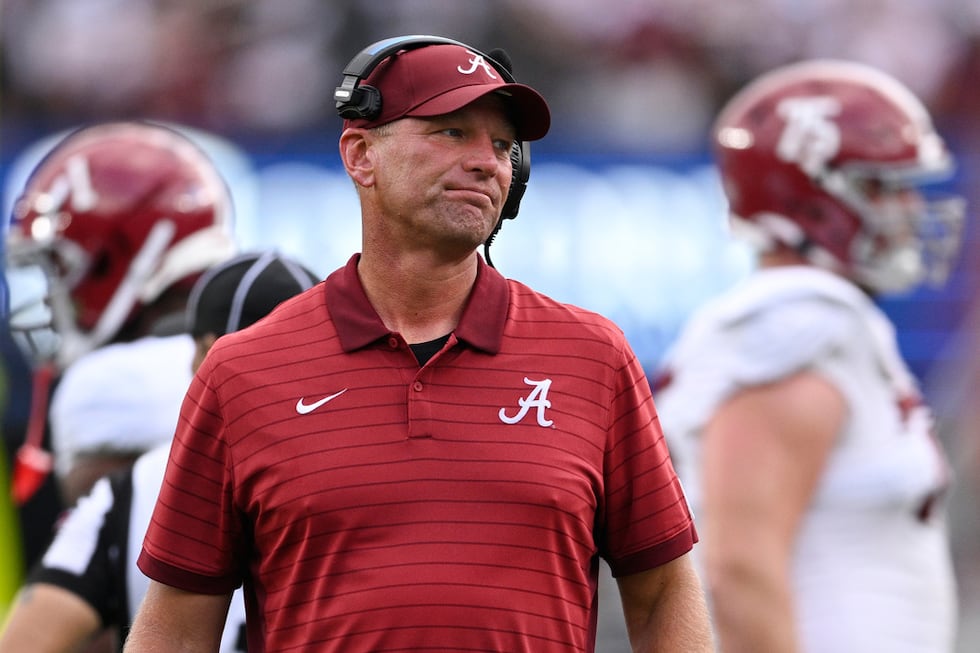FILE - Alabama head coach Kalen DeBoer reacts after a play during the second half of an NCAA...