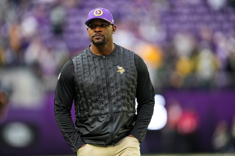 MINNEAPOLIS, MINNESOTA - DECEMBER 29: Defensive coordinator Brian Flores of the Minnesota Vikings looks on prior to a game between the Minnesota Vikings and Green Bay Packers at U.S. Bank Stadium on December 29, 2024 in Minneapolis, Minnesota. (Photo by Brace Hemmelgarn/Getty Images)