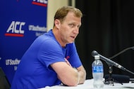 SMU head coach Rhett Lashlee speaks with reporters after an NCAA football game against TCU,...