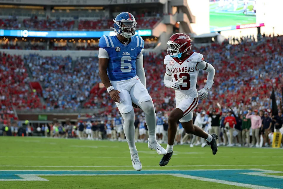 OXFORD, MISSISSIPPI - SEPTEMBER 13: Trinidad Chambliss #6 of the Mississippi Rebels reacts after scoring a touchdown during the first half against the Arkansas Razorbacks at Vaught-Hemingway Stadium on September 13, 2025 in Oxford, Mississippi. (Photo by Justin Ford/Getty Images)