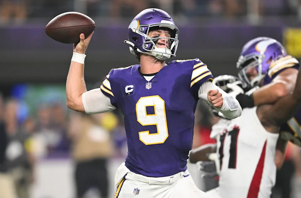 Minnesota Vikings QB J.J. McCarthy suffered an ankle sprain during their Week 2 defeat to the Atlanta Falcons and could miss multiple weeks. (Photo by Stephen Maturen/Getty Images)