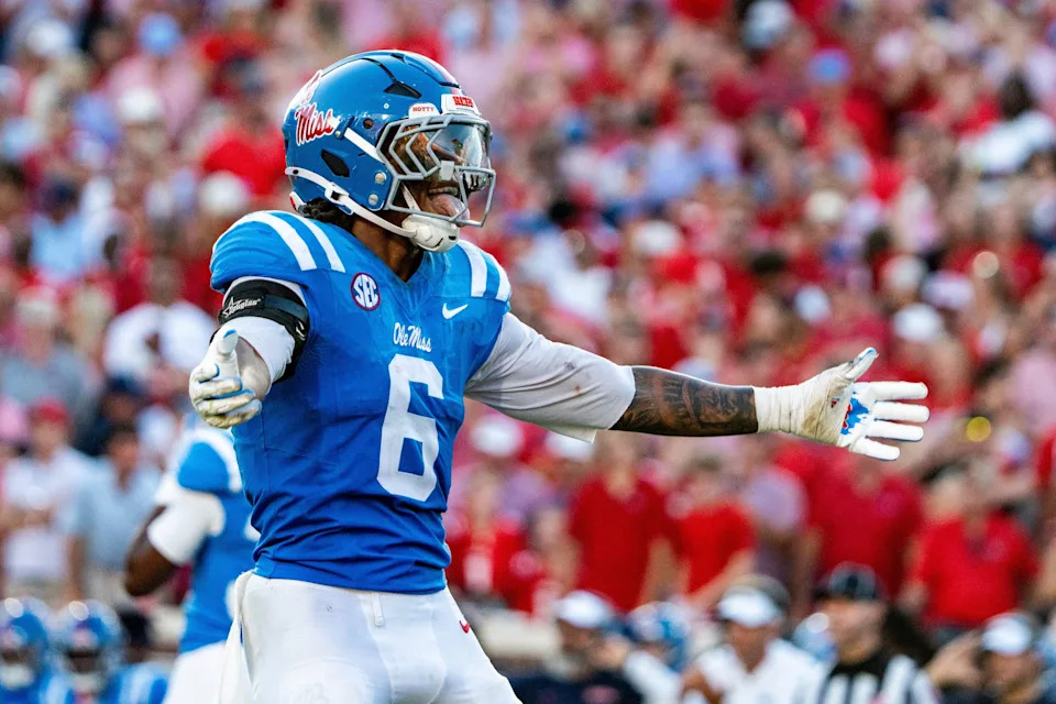 Ole Miss linebacker TJ Dottery (6) celebrates during a college football game between Ole Miss and LSU at Vaught-Hemingway Stadium in Oxford, Miss., on Saturday, Sept. 27, 2025. Ole Miss defeated LSU 24-19.