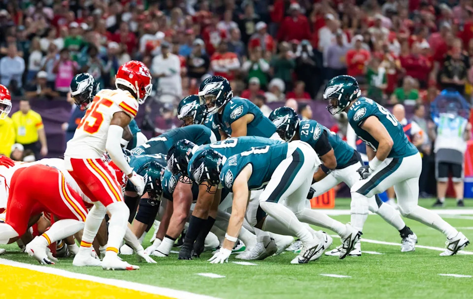 Feb 9, 2025; New Orleans, LA, USA; Philadelphia Eagles quarterback Jalen Hurts (1) lines up for the tush push play on the goal line against the Kansas City Chiefs during Super Bowl LIX at Ceasars Superdome. Mandatory Credit: Mark J. Rebilas-Imagn Images© Mark J&period; Rebilas-Imagn Images