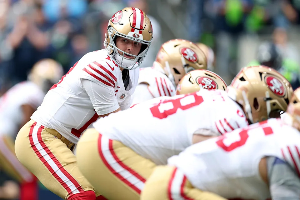 SEATTLE, WASHINGTON - SEPTEMBER 07: Brock Purdy #13 of the San Francisco 49ers looks on during the NFL 2025 game between San Francisco 49ers and Seattle Seahawks at Lumen Field on September 07, 2025 in Seattle, Washington. (Photo by Steph Chambers/Getty Images)