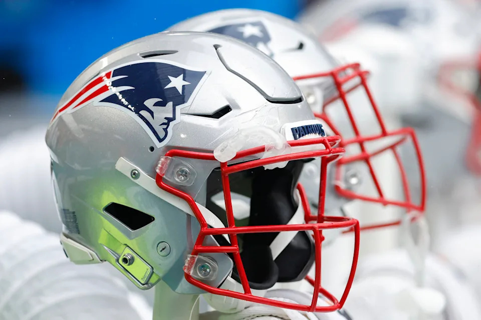 MIAMI GARDENS, FLORIDA - JANUARY 09: A detail of a New England Patriots helmet prior to the game against the Miami Dolphins at Hard Rock Stadium on January 09, 2022 in Miami Gardens, Florida. (Photo by Michael Reaves/Getty Images)Michael Reaves/Getty Images
