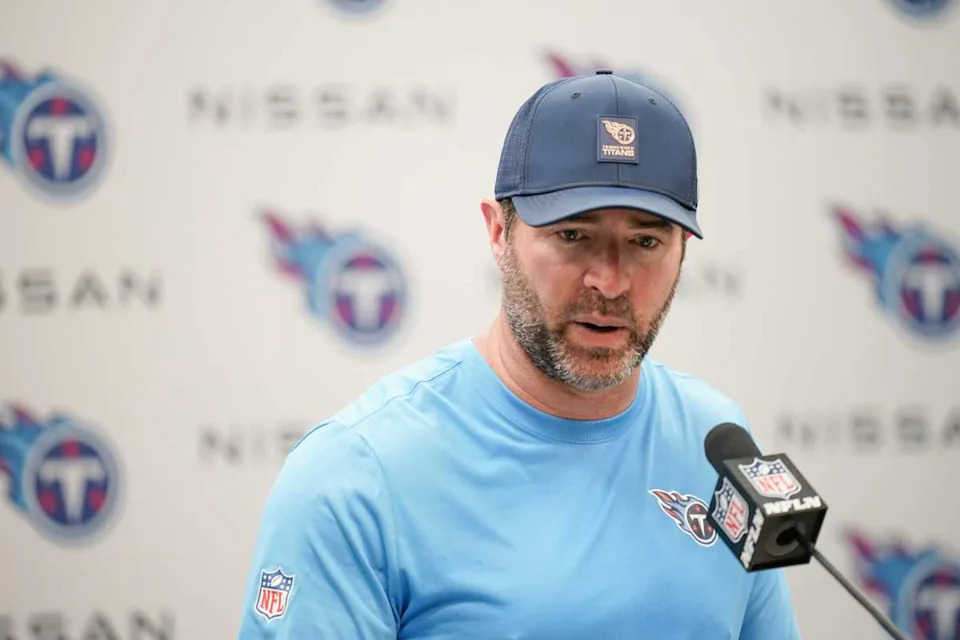 Tennessee Titans coach Brian Callahan takes questions after their 41-20 loss against the Indianapolis Colts at Nissan Stadium in Nashville, Tenn., Sunday, Sept. 21, 2025.