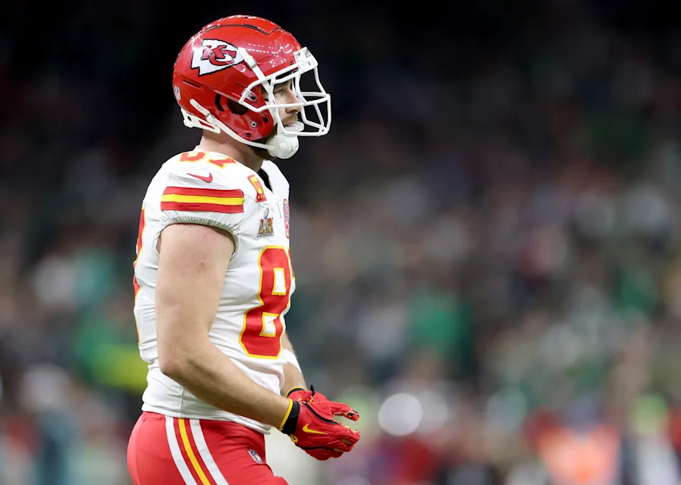 NEW ORLEANS, LOUISIANA - FEBRUARY 09: Travis Kelce #87 of the Kansas City Chiefs looks on in the second quarter against the Philadelphia Eagles during Super Bowl LIX at Caesars Superdome on February 09, 2025 in New Orleans, Louisiana. (Photo by Jamie Squire/Getty Images)Jamie Squire&sol;Getty Images