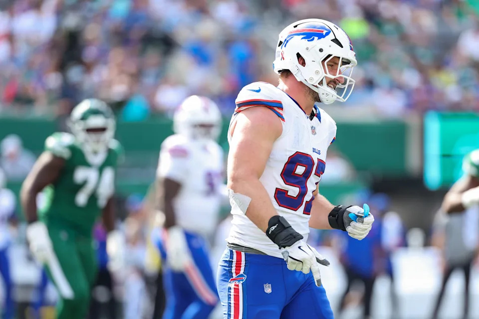 EAST RUTHERFORD, NEW JERSEY - SEPTEMBER 14: Joey Bosa #97 of the Buffalo Bills reacts during the fourth quarter against the New York Jets at MetLife Stadium on September 14, 2025 in East Rutherford, New Jersey. (Photo by Jordan Bank/Getty Images)