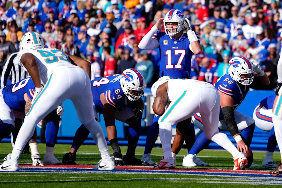 Nov 3, 2024; Orchard Park, New York, USA; Buffalo Bills quarterback Josh Allen (17) changes the play at the line against the Miami Dolphins during the first half at Highmark Stadium. Mandatory Credit: Gregory Fisher-Imagn Images