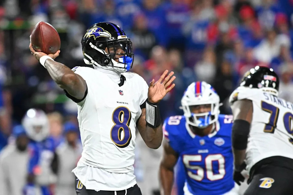 Baltimore Ravens quarterback Lamar Jackson (8) looks to pass during the fourth quarter against the Buffalo Bills at Highmark Stadium IMAGN IMAGES via Reuters Connect