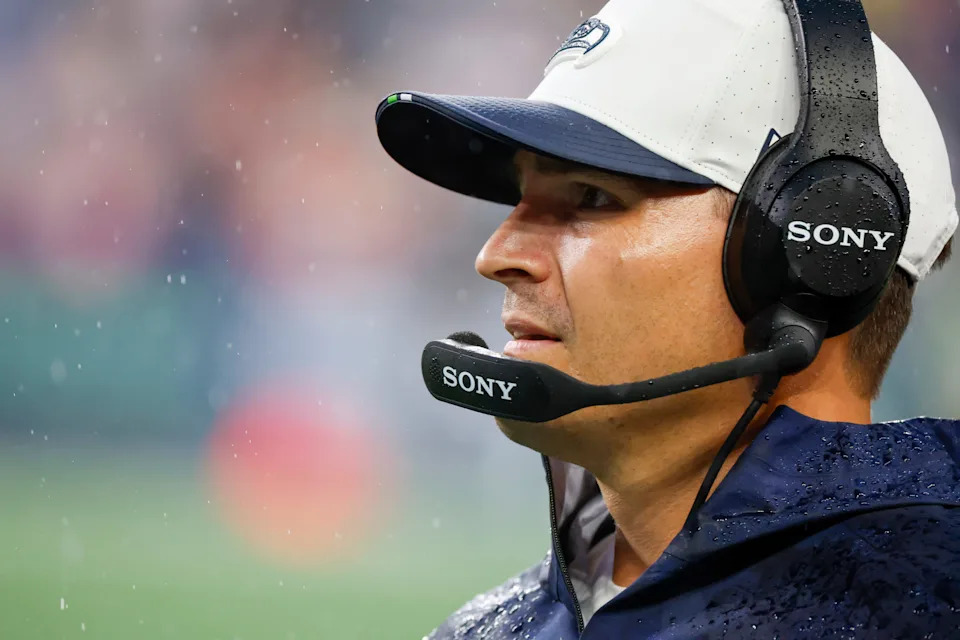 Aug 15, 2025; Seattle, Washington, USA; Seattle Seahawks head coach Mike Macdonald stands on the sideline during the second quarter at Lumen Field. Mandatory Credit: Joe Nicholson-Imagn Images