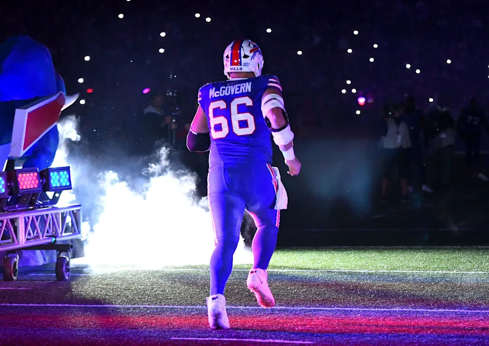 Sep 7, 2025; Orchard Park, New York, USA; Buffalo Bills guard Connor McGovern (66) enters the field before a game against the Baltimore Ravens at Highmark Stadium. Mandatory Credit: Mark Konezny-Imagn Images