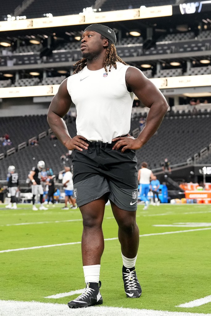 Ashton Jeanty on the field before the Raiders' matchup against the Chargers on Sept. 15, 2025.
