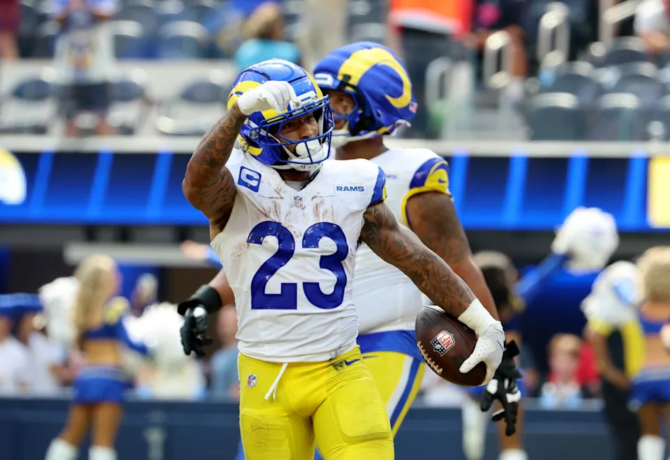 Rams running back Kyren Williams celebrates after scoring a touchdown against the Houston Texans on Sept. 7.