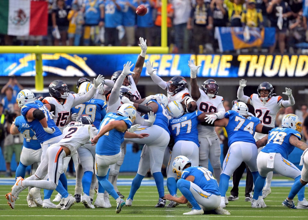 Cameron Dicker’s kick defeats Denver on Sunday. Photo: Imagn Images via Reuters Connect