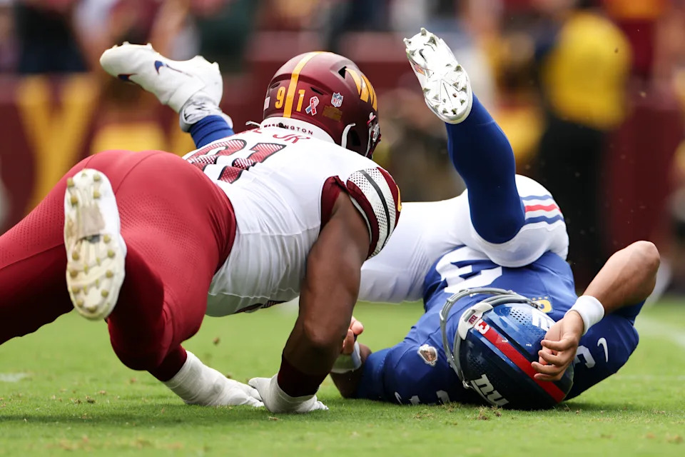 It wasn't a great debut for Russell Wilson in a Giants uniform. (Scott Taetsch/Getty Images)