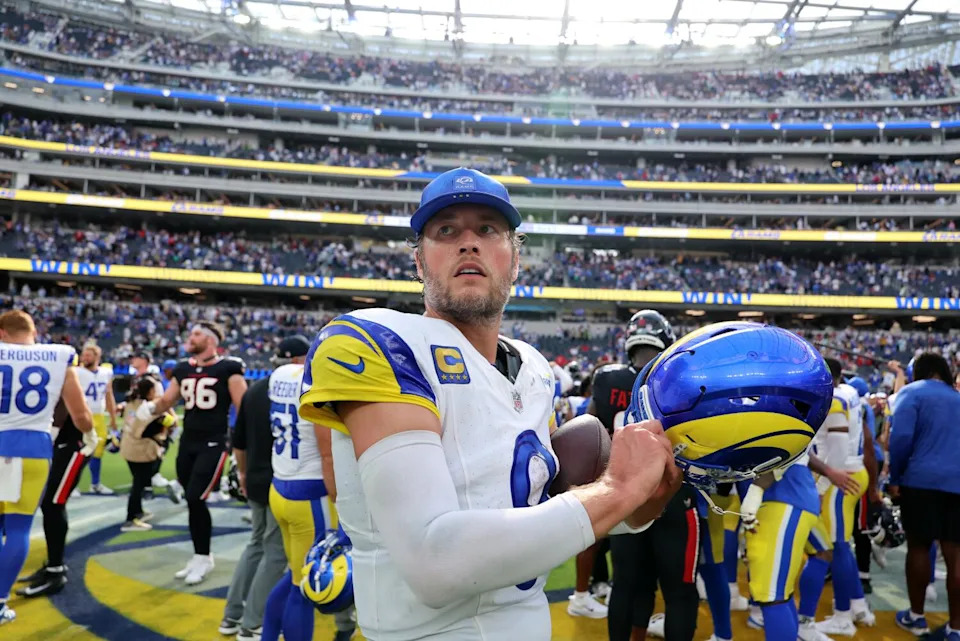 Rams quarterback Matthew Stafford walks off the field after a win over the Houston Texans on Sept. 7.