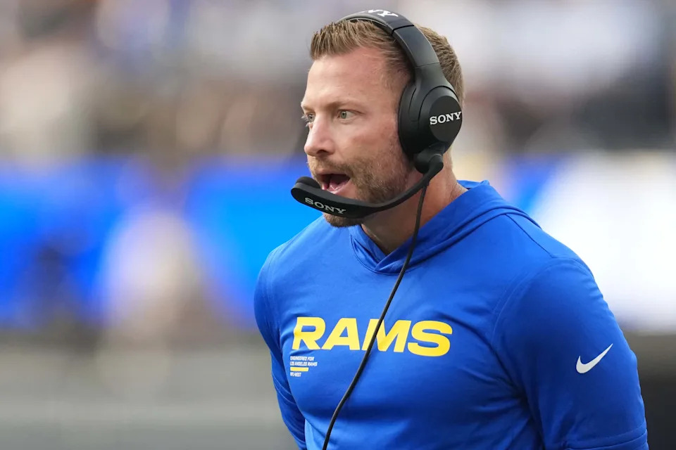 Aug 9, 2025; Inglewood, California, USA; Los Angeles Rams coach Sean McVay reacts against the Dallas Cowboys in the first half at SoFi Stadium. Mandatory Credit: Kirby Lee-Imagn Images