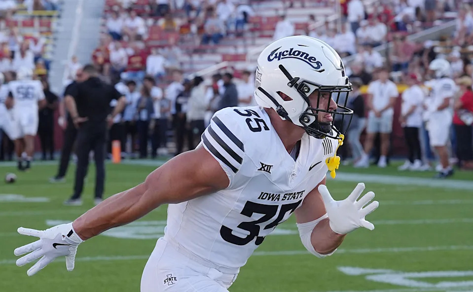 Iowa State Cyclones' special team Caden Kock (35) warms up before Iowa State and Arizona football in the Big-12 conference showdown on Sept. 27, 2025, at Jack Trice Stadium in Ames, Iowa.a.