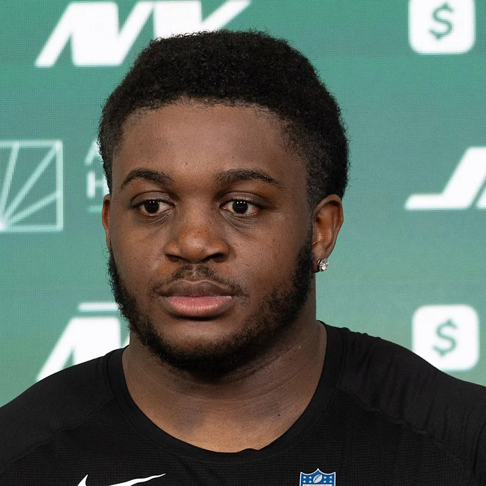 May 9, 2025; Florham Park, NJ, USA; New York Jets rookie offensive tackle Armand Membou (70) takes questions from the media during the minicamp at Atlantic Health Jets Training Center. Mandatory Credit: Thomas Salus-Imagn Images