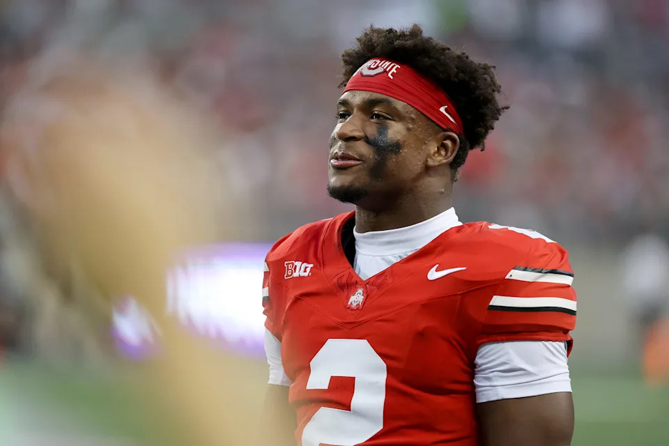 Sep 13, 2025; Columbus, Ohio, USA; Ohio State Buckeyes safety Caleb Downs (2) reacts during the first quarter against the Ohio Bobcats during the second half at Ohio Stadium. Mandatory Credit: Joseph Maiorana-Imagn Images