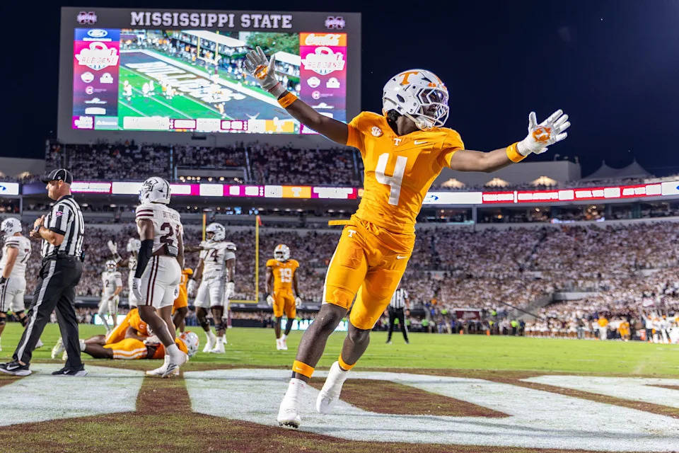 Sep 27, 2025; Starkville, Mississippi, USA; Tennessee Volunteers wide receiver Mike Matthews (4) reacts after winning the game against the Mississippi State Bulldogs at Davis Wade Stadium at Scott Field. Mandatory Credit: Wesley Hale-Imagn Images