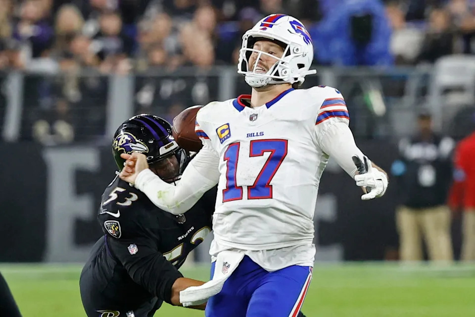 Sep 29, 2024; Baltimore, Maryland, USA; Baltimore Ravens linebacker Kyle Van Noy (53) strips the ball from Buffalo Bills quarterback Josh Allen (17) while attempting to pass the ball during the third quarter at M&T Bank Stadium. Mandatory Credit: Geoff Burke-Imagn Images