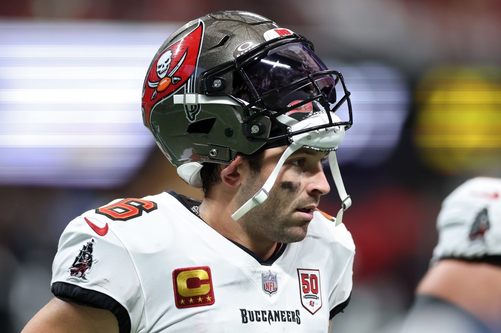Baker Mayfield looks on at Mercedes-Benz Stadium.