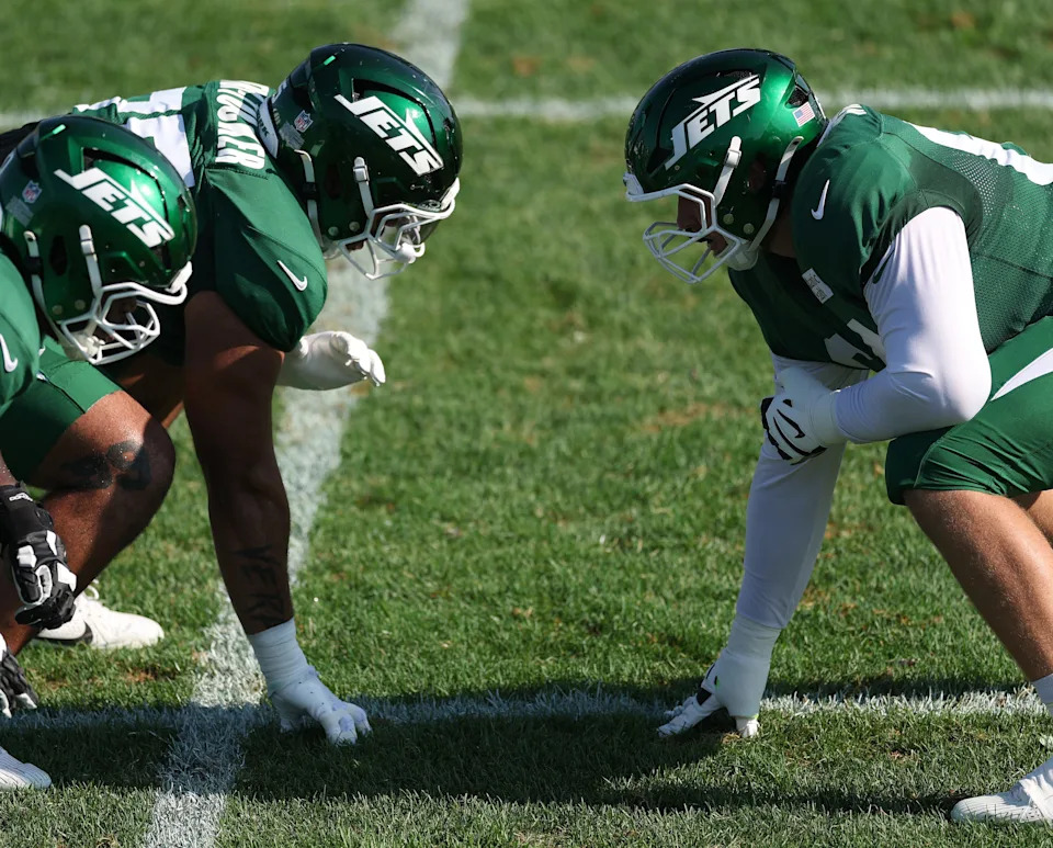 FLORHAM PARK, NEW JERSEY - JULY 28: Armand Membou #70 and Max Mitchell #61 of the New York Jets practice during training camp at Atlantic Health Jets Training Center on July 28, 2025 in Florham Park, New Jersey. (Photo by Ishika Samant/Getty Images)