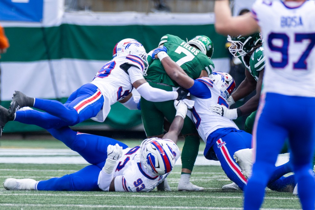 Justin Fields is tackled during the Jets-Bills game on Sept. 14, 2025. 