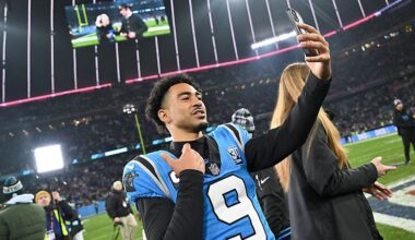 Carolina Panthers quarterback Bryce Young celebrates after their overtime win in an NFL football game against the New York Giants, Sunday, Nov. 10, 2024, in Munich, Germany. (AP Photo/Lennart Preiss)
