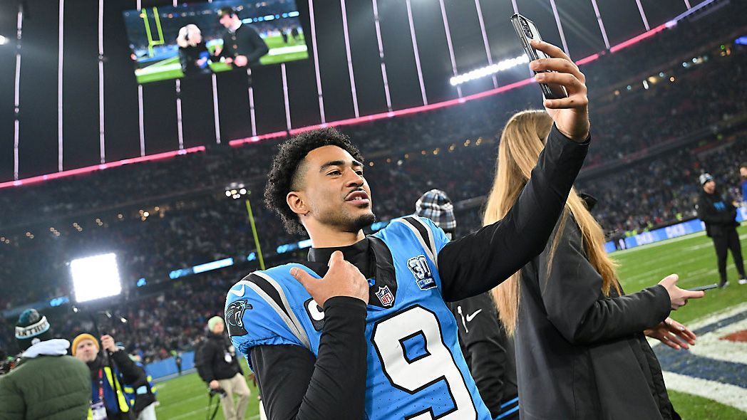 Carolina Panthers quarterback Bryce Young celebrates after their overtime win in an NFL football game against the New York Giants, Sunday, Nov. 10, 2024, in Munich, Germany. (AP Photo/Lennart Preiss)
