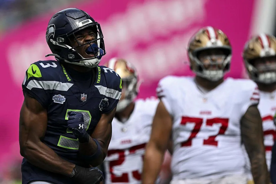 Seattle Seahawks safety Nick Emmanwori (3) reacts to a tackle on San Francisco 49ers running back Christian McCaffrey (23) during the first quarter of the game at Lumen Field, on Sunday, Sept. 7, 2025, in Seattle.