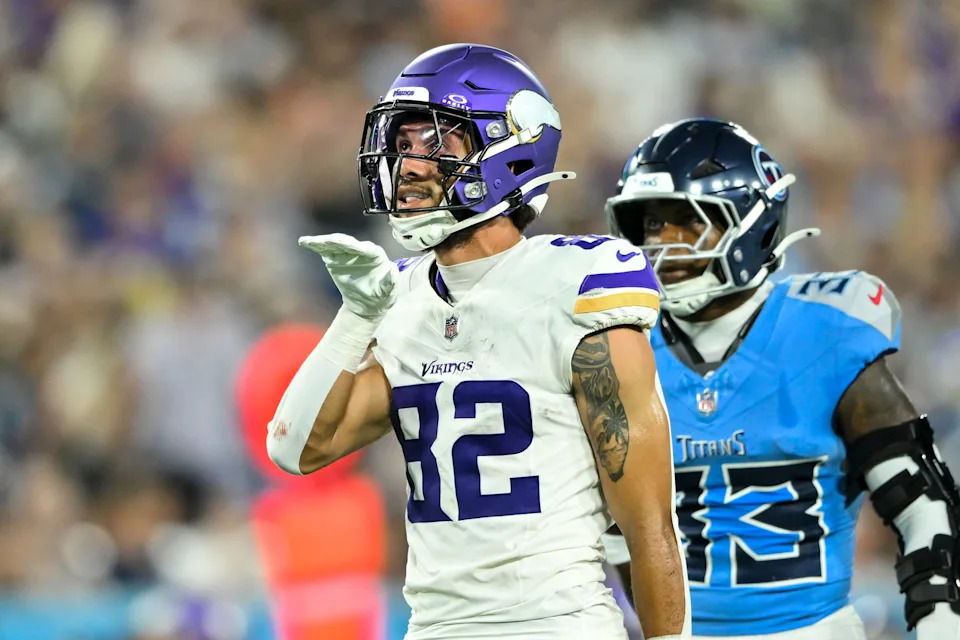 Aug 22, 2025; Nashville, Tennessee, USA; Minnesota Vikings wide receiver Jeshaun Jones (82) celebrates his first down catch against the Tennessee Titan during the first half at Nissan Stadium. Mandatory Credit: Steve Roberts-Imagn Images