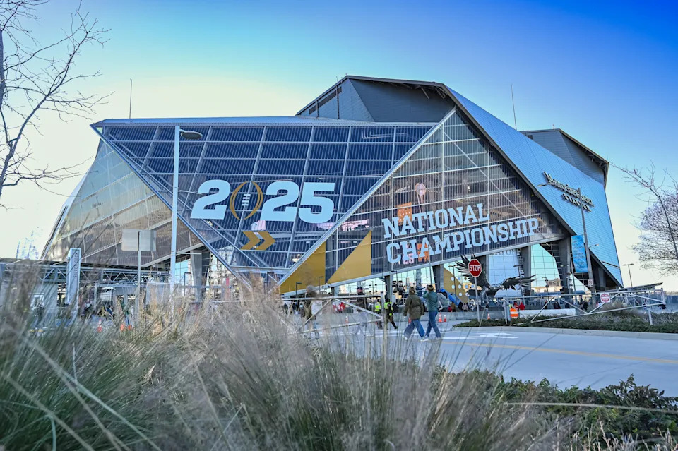 ATLANTA, GA - JANUARY 20:  The National Championship logo on Mercedes-Benz Stadium prior to the Ohio State Buckeyes versus Notre Dame Fighting Irish College Football Playoff National Championship game on January 20, 2025, at Mercedes-Benz Stadium in Atlanta, GA. (Photo by John Adams/Icon Sportswire via Getty Images)