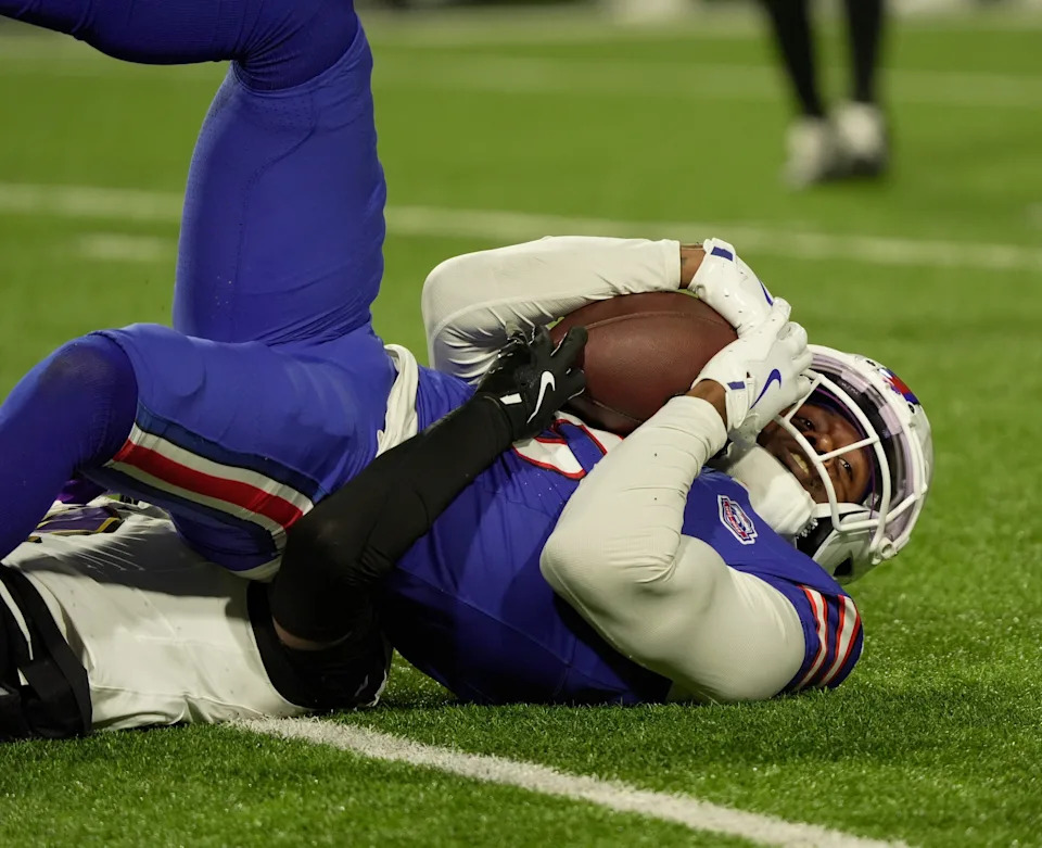 Buffalo Bills wide receiver Joshua Palmer hauls down a pass during first half action against the Baltimore Ravens at Highmark Stadium in Orchard Park on Sept. 7, 2025.