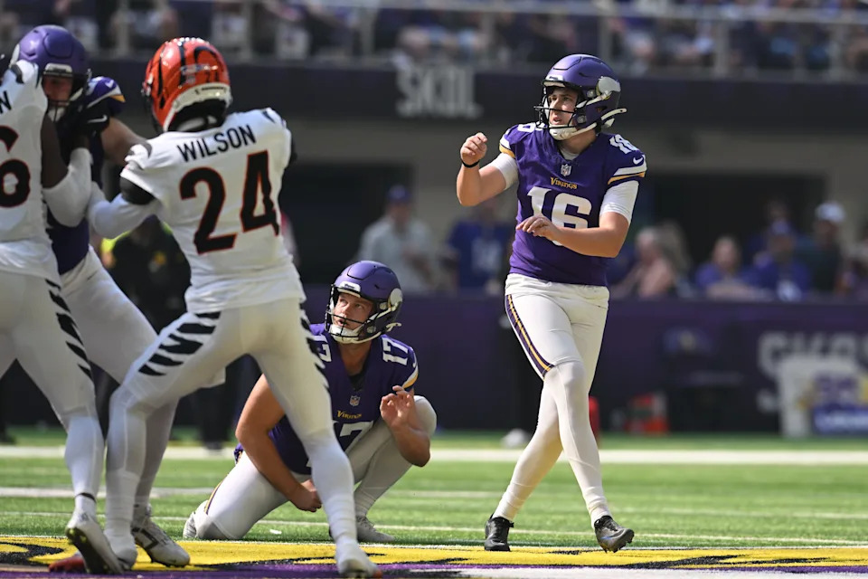 Sep 21, 2025; Minneapolis, Minnesota, USA; Minnesota Vikings kicker Will Reichard (16) watches his 62-yard field goal attempt which was good against the Cincinnati Bengals during the first half at U.S. Bank Stadium. Mandatory Credit: Jeffrey Becker-Imagn Images
