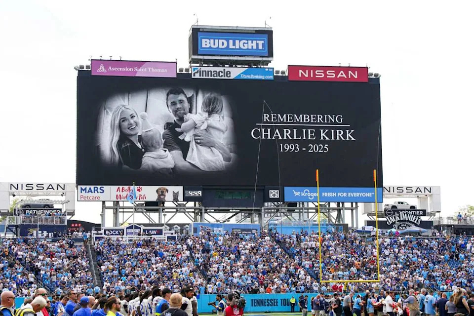 There was a moment of silence for Charlie Kirk during the Tennessee Titans/Los Angeles Rams game at Nissan Stadium in Nashville, Tenn., Sunday, Sept. 14, 2025.© Andrew Nelles &sol; The Tennessean &sol; USA TODAY NETWORK via Imagn Images